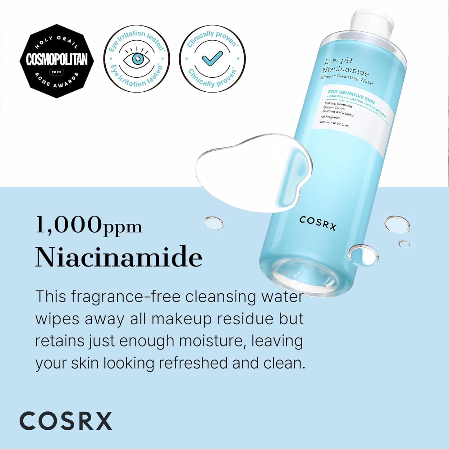 COSRX Low pH Niacinamide Micellar Cleansing Water 13.52fl.oz/400ml, Daily Mild Facial Cleansing Wash for Sensitive Skin, Sebum Control, Paraben Free, Korean Skincare