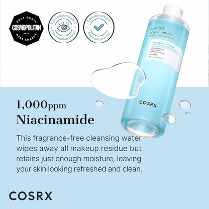 COSRX Low pH Niacinamide Micellar Cleansing Water 13.52fl.oz/400ml, Daily Mild Facial Cleansing Wash for Sensitive Skin, Sebum Control, Paraben Free, Korean Skincare