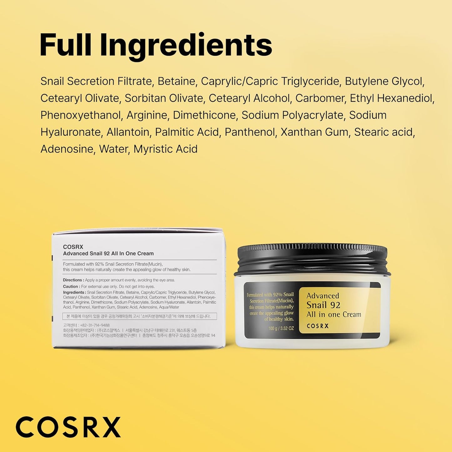COSRX Advanced Snail 92 All in One Cream Korean Snail Mucin Face Cream & Gel Moisturiser for Dry Sensitive and Anti Aging Skin, Daily Soothing and Moisturising Cream, Korean Skincare 100g