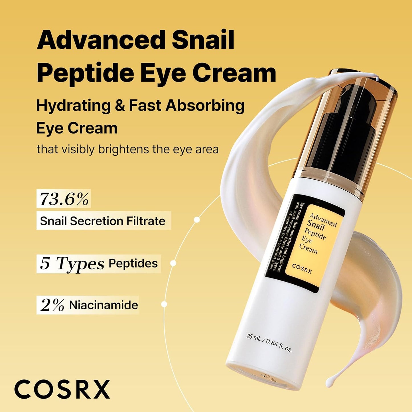 COSRX Snail Peptide Eye Cream with 73.7% Snail Mucin and Niacinamide, Brightening Korean Night Cream for Fine Lines and Dark Circles, Korean Skin Care