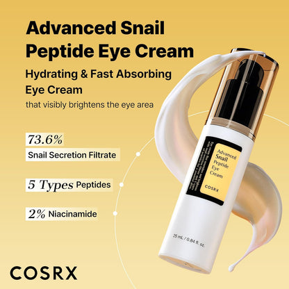 COSRX Snail Peptide Eye Cream with 73.7% Snail Mucin and Niacinamide, Brightening Korean Night Cream for Fine Lines and Dark Circles, Korean Skin Care
