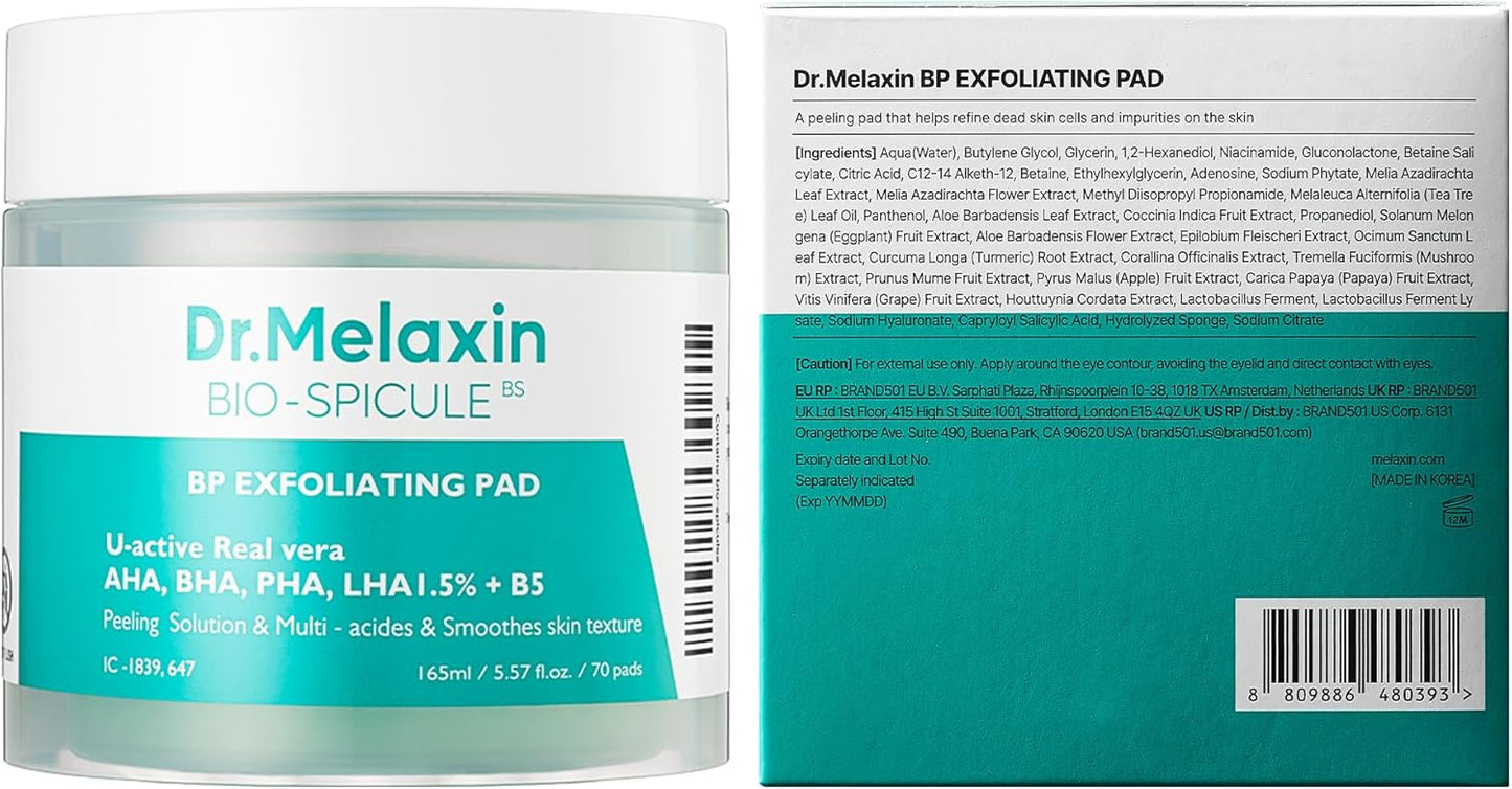 Dr.Melaxin Bp Pore Exfoliating Pad For Dead Skin & Blackheads Minimize Pores Prevent Breakouts Improve Skin Texture Korean Skincare 70Pads. White 165Ml