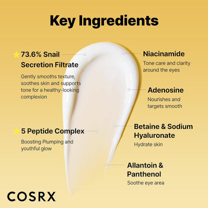 COSRX Snail Peptide Eye Cream with 73.7% Snail Mucin and Niacinamide, Brightening Korean Night Cream for Fine Lines and Dark Circles, Korean Skin Care
