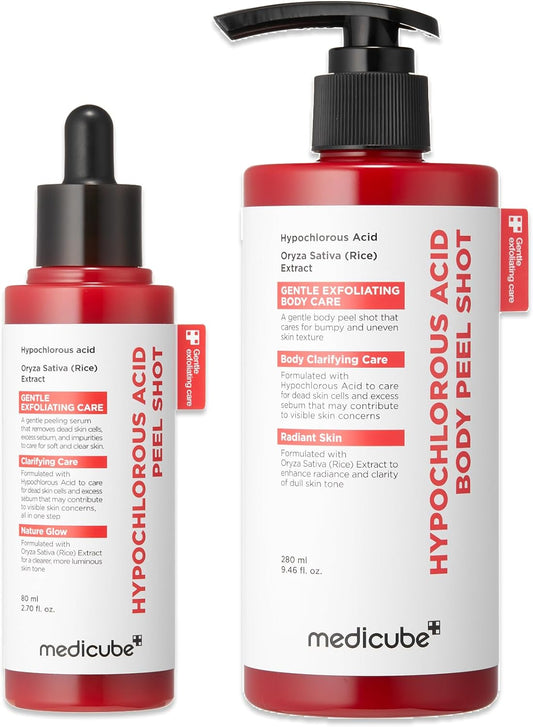 medicube Hypochlorous Acid Peel Shot Duo for Face & Body: Hypochlorous Acid Facial & Body Peel Shot | Exfoliating Serum Set with Rice Extract, Panthenol | Hydrating, Calming & Texture Refining Care