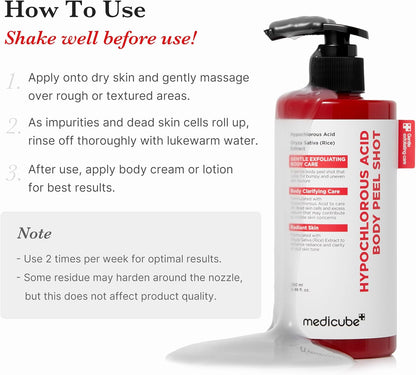 medicube Body Peel Shot with Hypochlorous Acid | Gentle Body Exfoliating Serum for Dead Skin Cells, Rough Patches & Uneven Texture | Rice Extract, Panthenol for Hydrating & Smoothing Care | 9.46 fl.oz