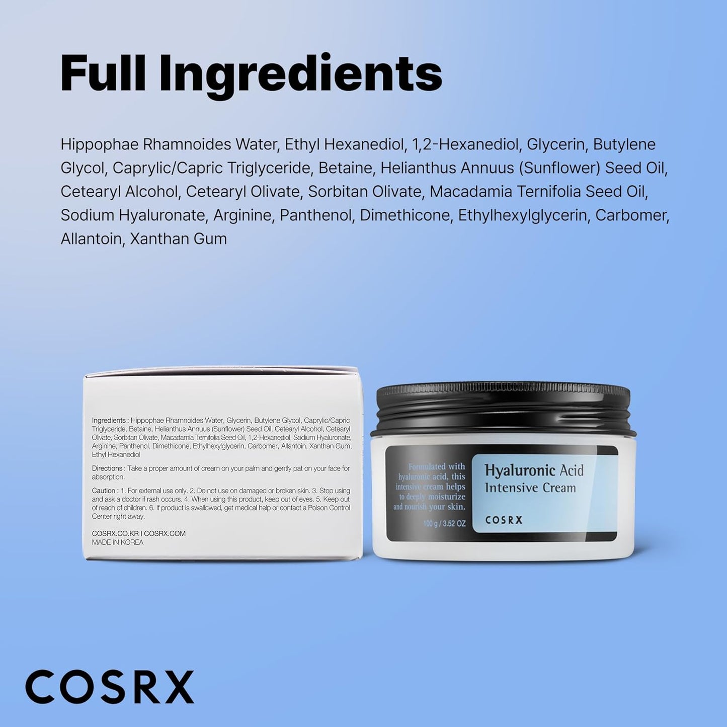 COSRX Hyaluronic Acid Moisturizing Cream, 100g, Long-lasting Hydration, Rich Moisturizer for Sensitive Skin, Korean Skin Care, Animal Testing Free, Parabens Free