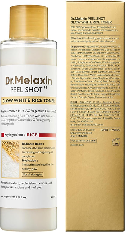 Dr.Melaxin Peel Shot Glow Rice Toner Hydrated Skin Cleansing Skin Korean Skin Care 6.76 Fl Oz (Pack of 1) White