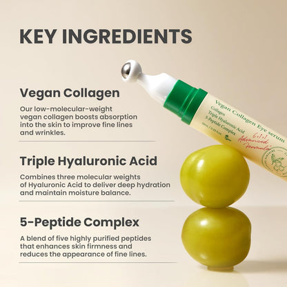 AXIS-Y Vegan Collagen Eye Serum with Triple Hyaluronic Acid & Peptides - K Beauty Roller for Dark Circles and Puffiness - Vegan Korean Skincare Eye Cream - 10ml/0.33 fl. oz.