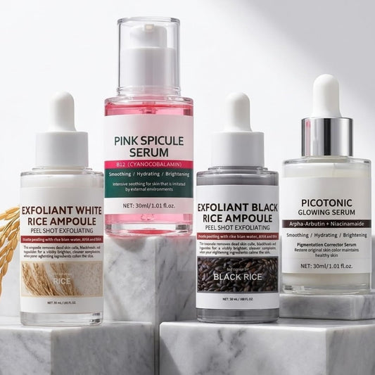 Peel Shot Glow Rice Ampoule Duo & Pink Spicule Serum & Picotonic Glowing Serum - 4Pcs Korean Skin Care Set for Face Dead Skin, & Pores, Brightening & Dark Spot Care, Brightening Kit for All Skin Types