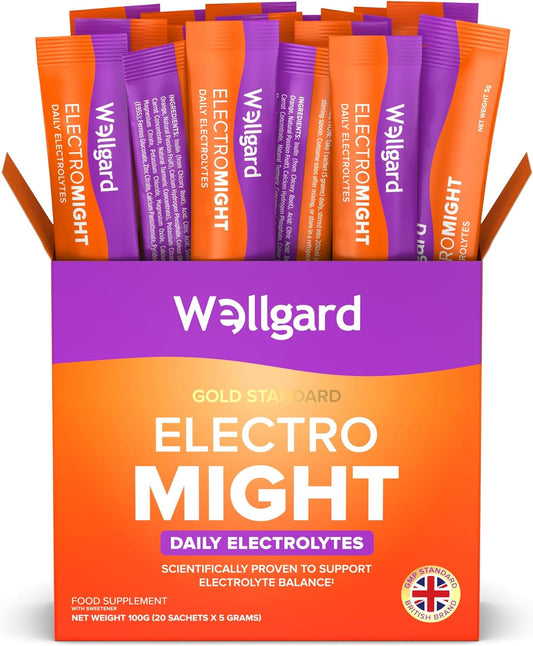 Wellgard Electromight - Advanced Electrolytes Sachets with Magnesium, Iron & Vitamin C, Energy & Muscle Function Supplement, 20 Sachets