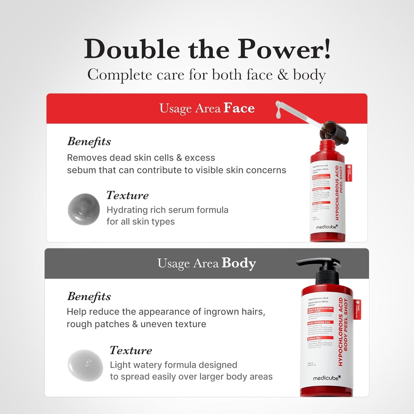 medicube Hypochlorous Acid Peel Shot Duo for Face & Body: Hypochlorous Acid Facial & Body Peel Shot | Exfoliating Serum Set with Rice Extract, Panthenol | Hydrating, Calming & Texture Refining Care