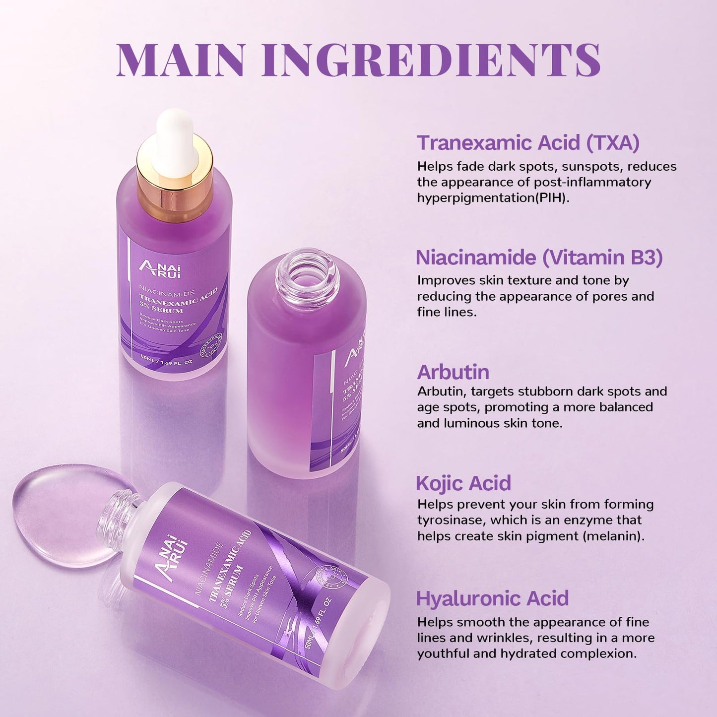 ANAiRUi 10% Tranexamic Acid Serum 30 ml, Dark Spot Correcting Serum with Tranexamic Acid + Hyaluronic Acid + Niacinamide, Targets Hyperpigmentation, Even Skin Tone