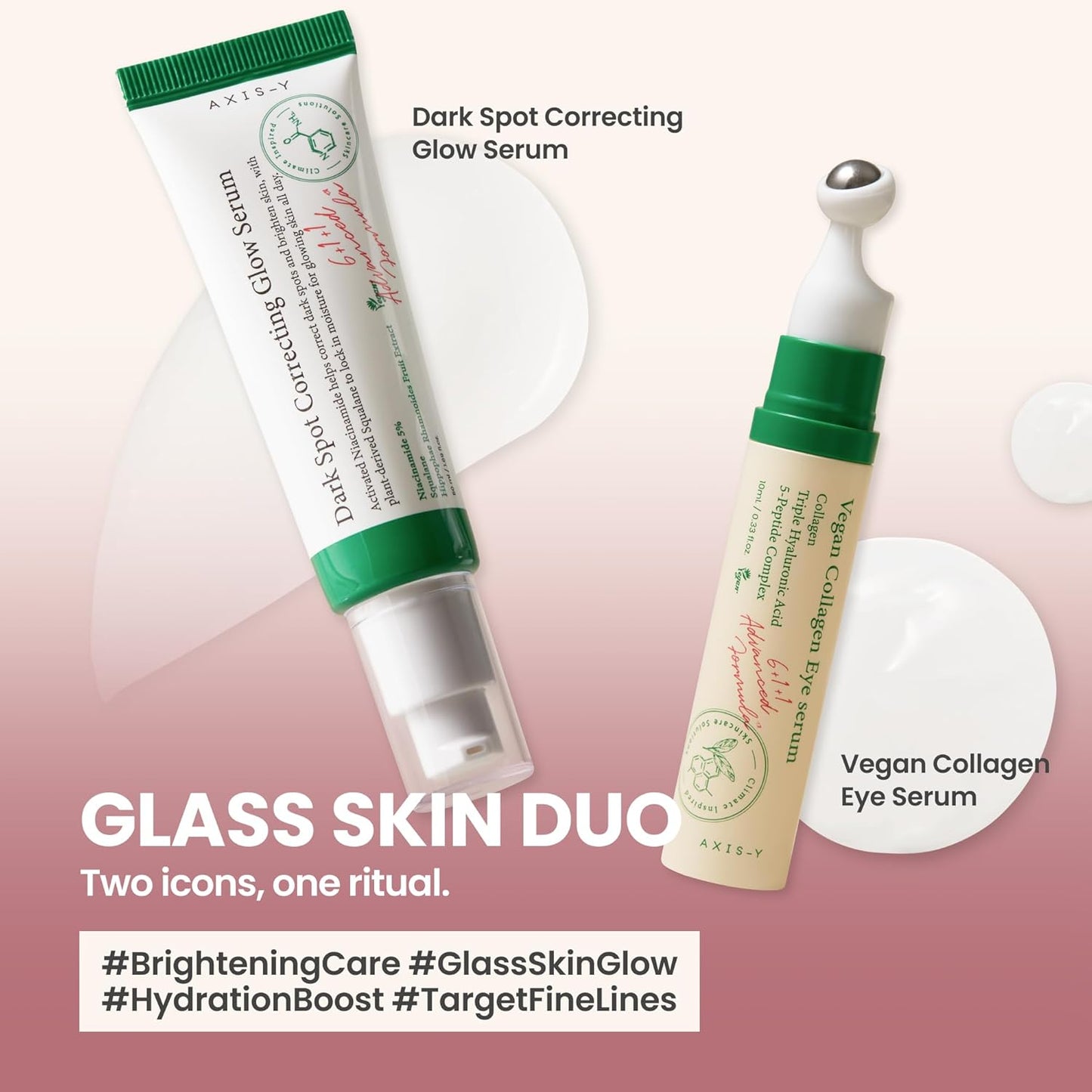 AXIS-Y Glass Skin Duo Korean Skin Care Set - Travel Essentials Holiday Gift with Dark Spot Correcting Glow Serum Targets Spot Treatment for Face & Vegan Collagen Eye Serum for Dark Circles Fine Lines