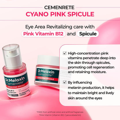 Dr.Melaxin Cemenrete Cyano Pink Spicule Cream With Calcium Vitamin B12 For Under Eyes Skin Dark Circles Fine Lines Puffiness&Eye Bags Cream 1.69 Fl. Oz.