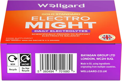 Wellgard Electromight - Advanced Electrolytes Sachets with Magnesium, Iron & Vitamin C, Energy & Muscle Function Supplement, 20 Sachets