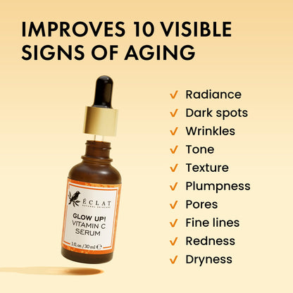 Eclat Skincare Glow Up Vitamin C Serum - Vitamin C Serum for Face with Hyaluronic Acid, Ferulic Acid & Vit E - Skin Brightening Face Care - Anti Aging, Hydrating & Dark Spot Lightening 30ml