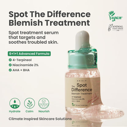 AXIS-Y Spot The Difference Blemish Treatment with AHA BHA Exfoliator for Blackhead Remover & 2% Niacinamide for Skin Glow - Vegan Korean Skincare Acne Treatment - 15ml/0.50 fl. oz.