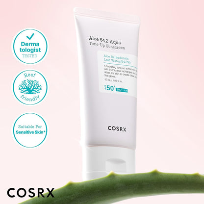 COSRX Aloe 54.2 Aqua Tone-up Sunscreen SPF 50, Hydrating tinted sunscreen for sensitive skin, UV Protection, Non-greasy, Korean Sunscreen, Korean Skincare