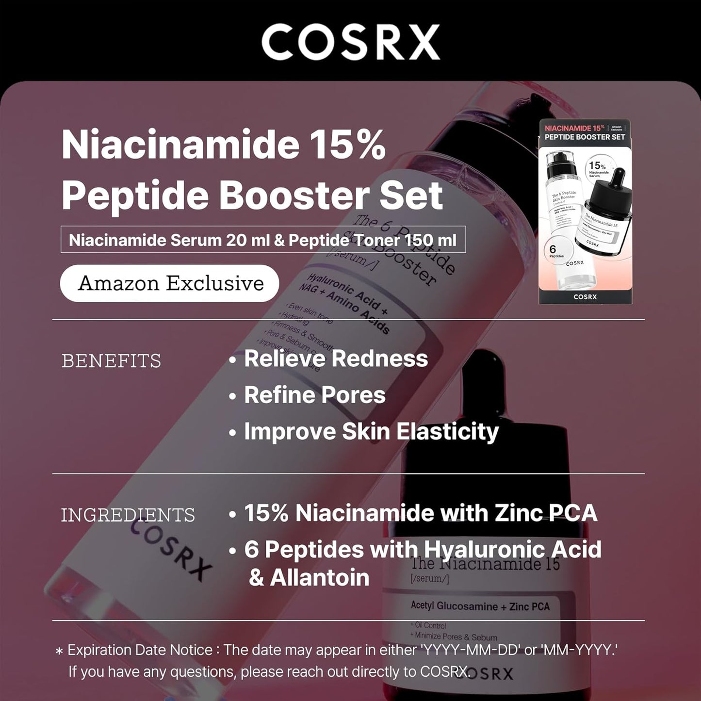 COSRX Niacinamide Peptide Booster Skincare Set, Korean Skincare Gift Set for Glowing Skin, Christmas Gifts Set & Stocking Stuffers for Teen Girls and Women, Niacinamide & Peptide Face Serum