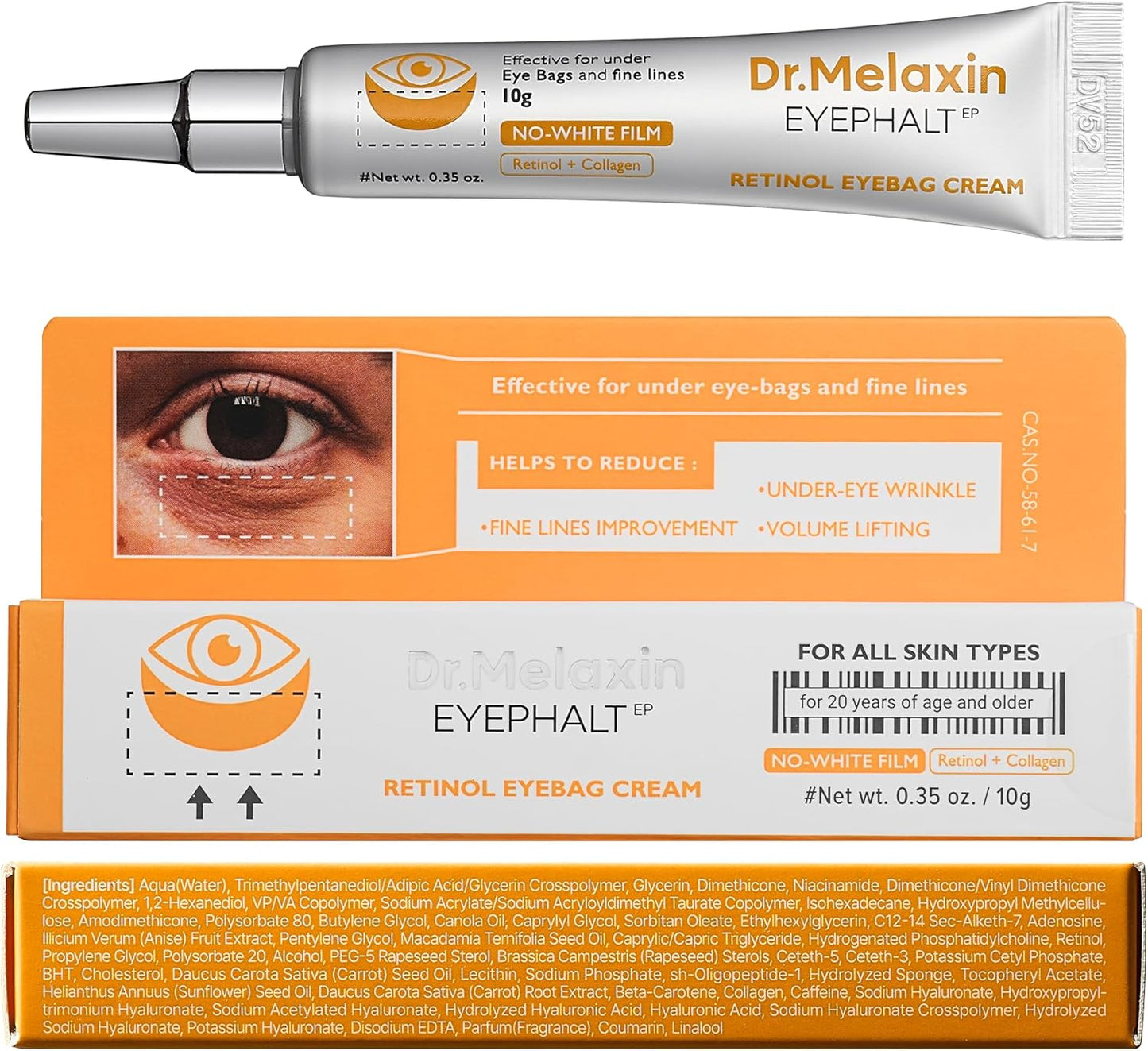 Dr.Melaxin Retinol Eyebag Cream For Puffiness, Wrinkle, Eye Moisturizer With Niacinamide & Ceramide Makeup Friendly Korean Skin Care 0.35 fl oz (Pack of 1)