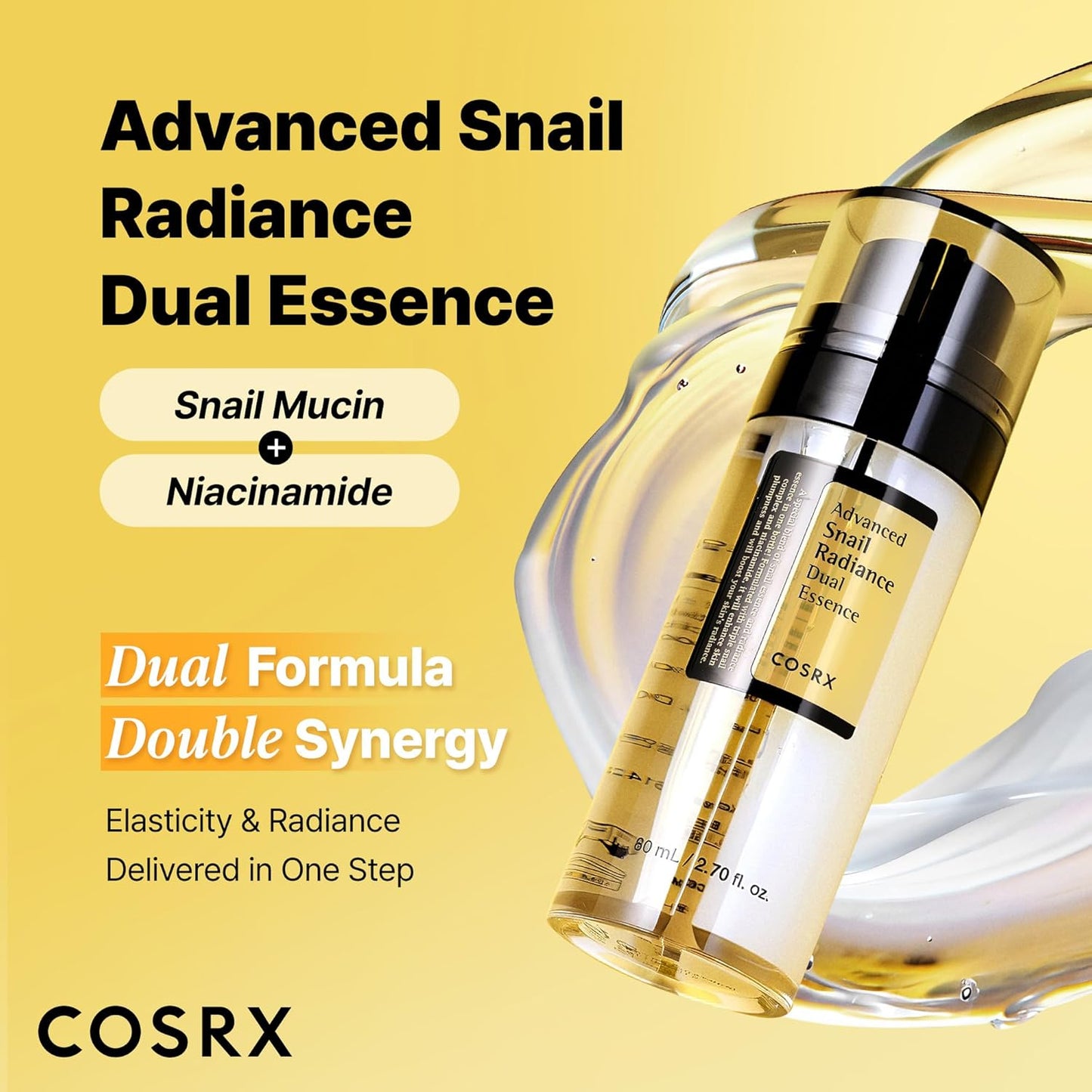 COSRX Niacinamide 5% + Snail Mucin 74% Dual Essence, Anti aging Face Serum for Dull Skin, Hydrating, Brightening, Repairing, 2.70 fl.oz / 80ml, Sensitive Skin, Not Tested on Animals, Korean Skincare
