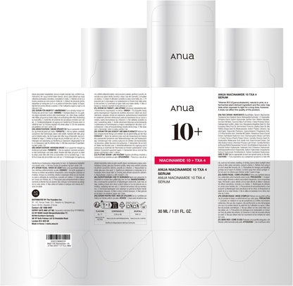 Anua Niacinamide 10 + TXA 4 Serum, Dark Spot Care, Hyaluronic Acid, Tranexamic Acid, Lightweight & Hydrating All-in-One Daily Facial Serum for Glass Skin, Korean Skincare, 1.01 fl.oz