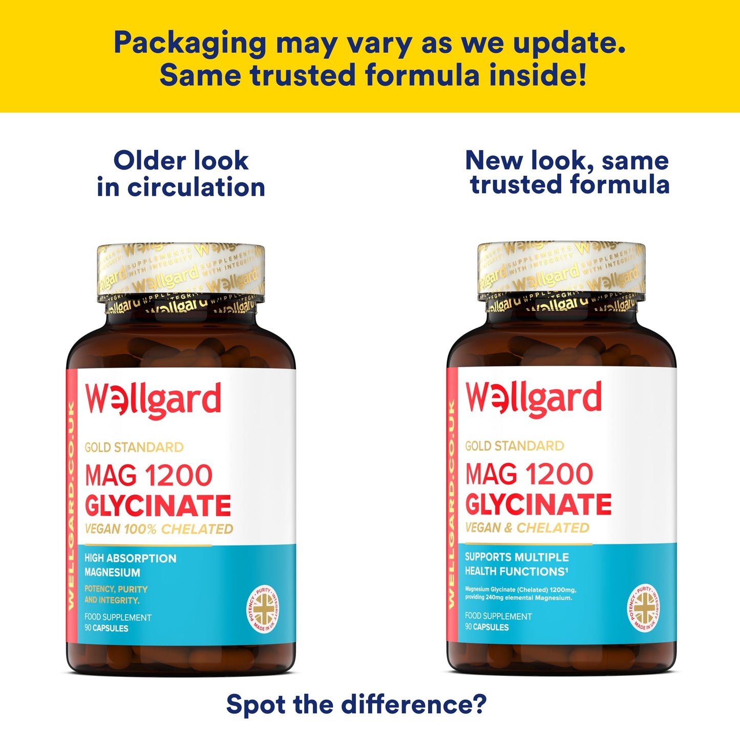 Pure Magnesium Glycinate by Wellgard - Not Mixed with Citrate or Malate, High-Strength Magnesium Supplement, Mag 1200, Vegan, High Absorption Bisglycinate, 240mg Elemental Magnesium, Made in UK