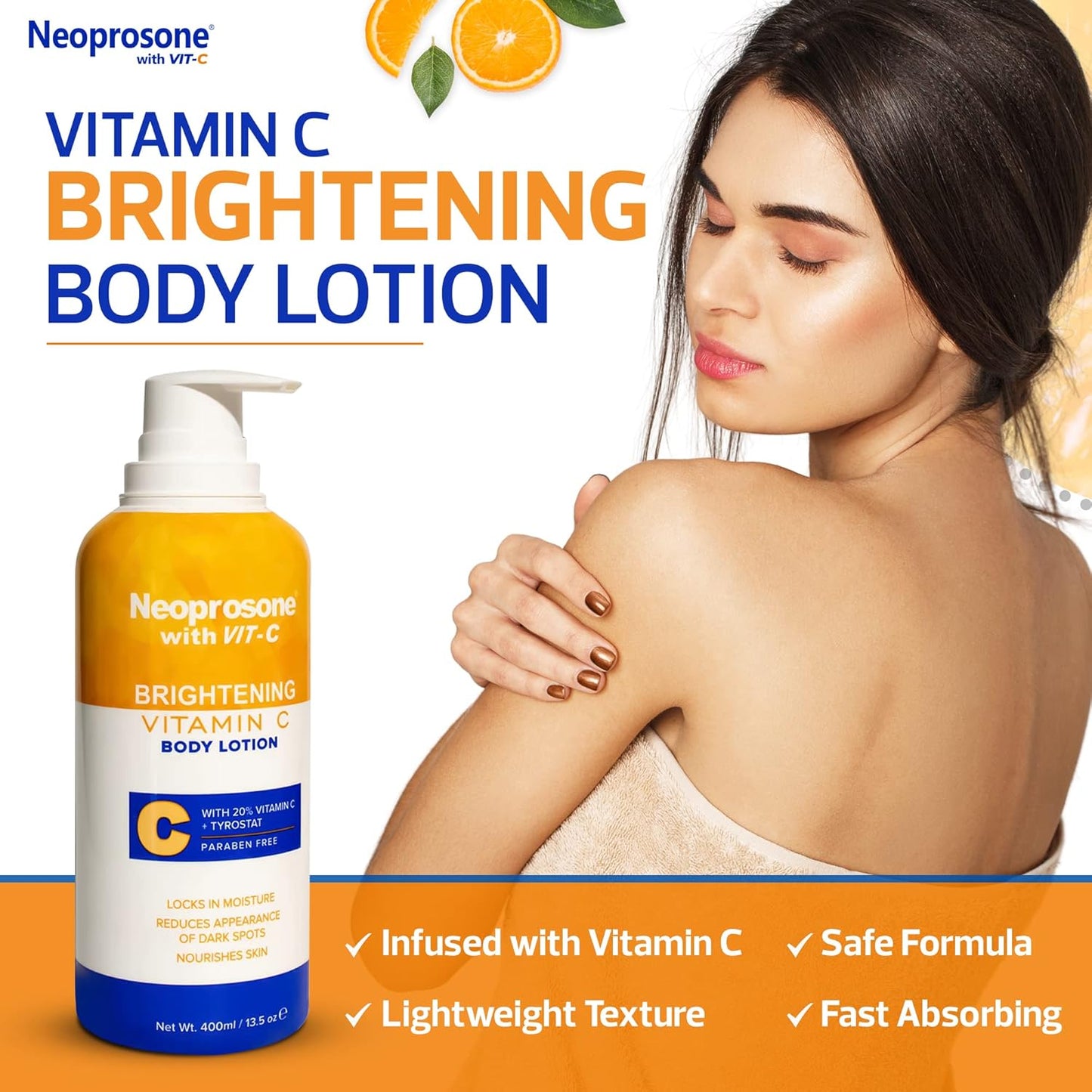 NEOPROSONE Brightening Body Lotion 400ml - Formulated to Fade Dark Spots on Elbows, Knees, Neck, Body and Intimate Parts, with Lactic Acid, Alpha Arbutin Complex and Vitamin C