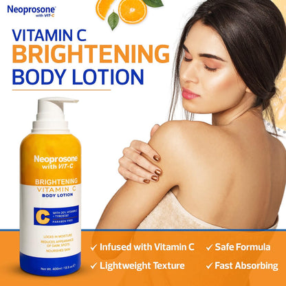 NEOPROSONE Brightening Body Lotion 400ml - Formulated to Fade Dark Spots on Elbows, Knees, Neck, Body and Intimate Parts, with Lactic Acid, Alpha Arbutin Complex and Vitamin C