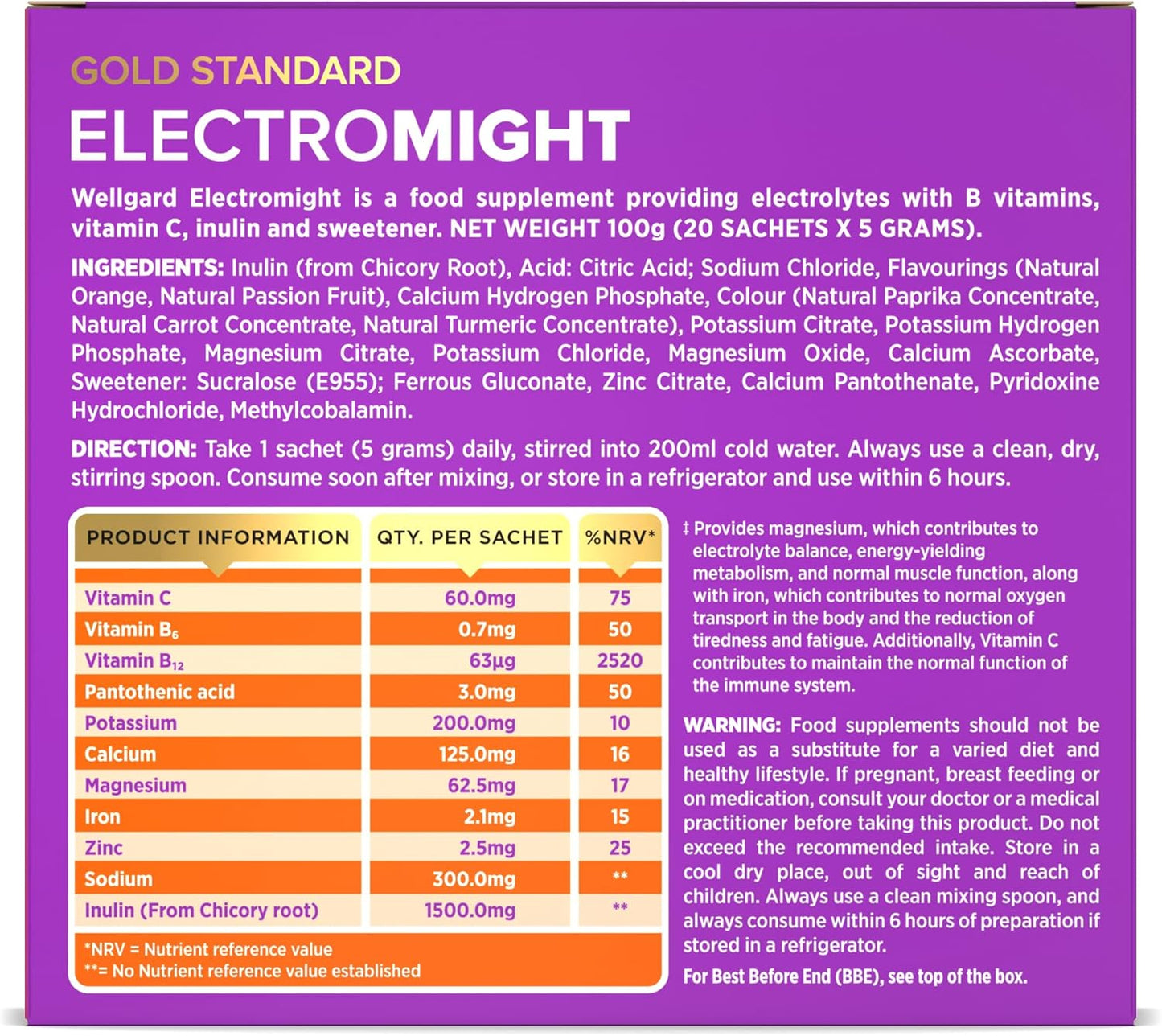 Wellgard Electromight - Advanced Electrolytes Sachets with Magnesium, Iron & Vitamin C, Energy & Muscle Function Supplement, 20 Sachets