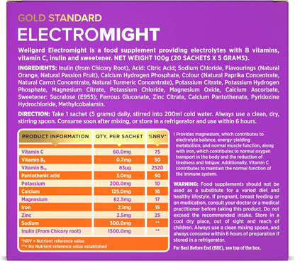 Wellgard Electromight - Advanced Electrolytes Sachets with Magnesium, Iron & Vitamin C, Energy & Muscle Function Supplement, 20 Sachets