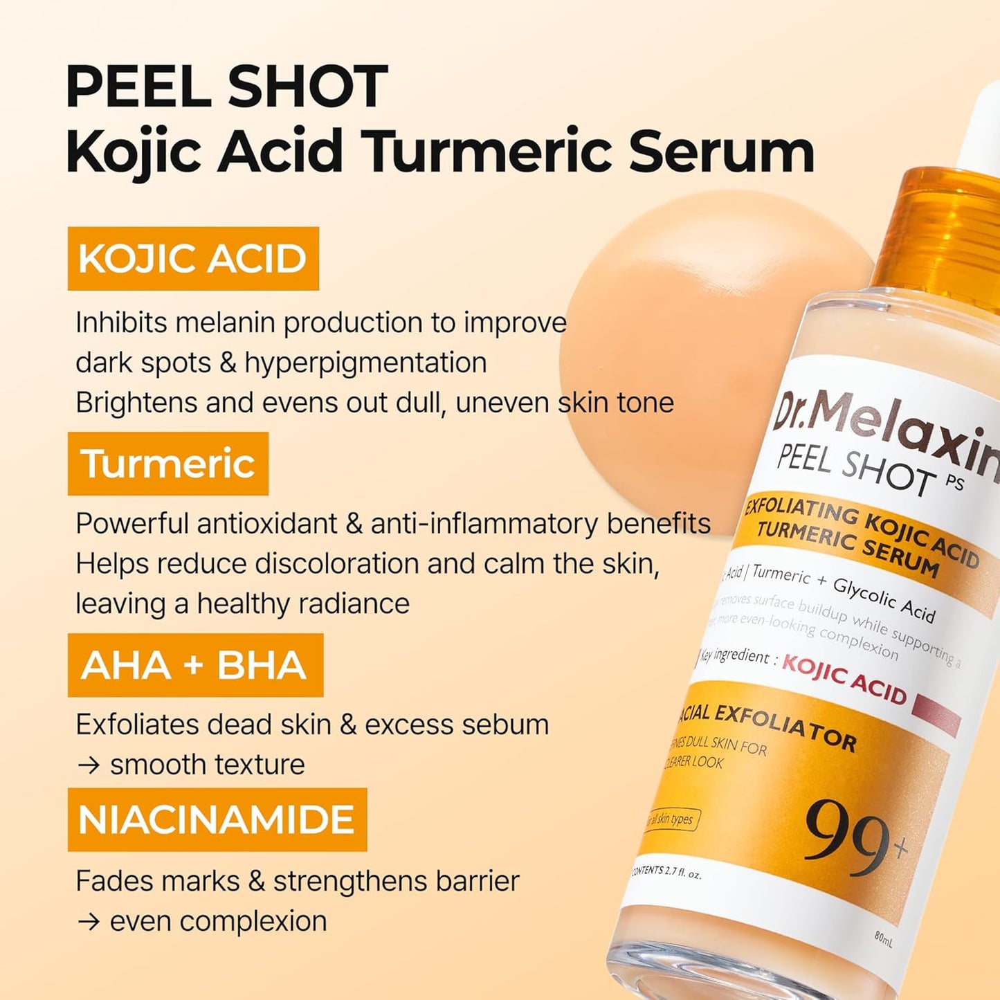Dr.Melaxin Peel Shot Kojic Acid Turmeric Serum Exfoliating Dark Spot Corrector With Aha/Bha & Niacinamide, Brightening & Even Tone Facial Serum 2.71 Fl Oz (Pack of 1)