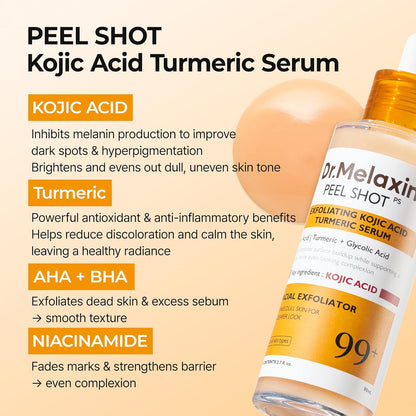 Dr.Melaxin Peel Shot Kojic Acid Turmeric Serum Exfoliating Dark Spot Corrector With Aha/Bha & Niacinamide, Brightening & Even Tone Facial Serum 2.71 Fl Oz (Pack of 1)