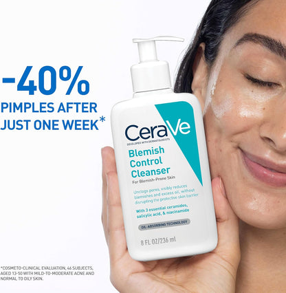 CeraVe Blemish Control Cleanser, 2% Salicylic Acid Face Wash with Niacinamide & 3 Essential Ceramides, Exfoliates & Clears Clogged Pores for Blemish-Prone Skin, Developed with Dermatologists, 236ml