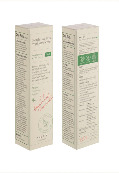 AXIS-Y Complete No-Stress Physical Sunscreen V3 - SPF 50 Face Moisturiser Mineral Sun Cream - Hydrating, Glowing, No White Cast - Vegan Korean Skincare SPF Moisturiser - 50ml/1.69 fl. oz.