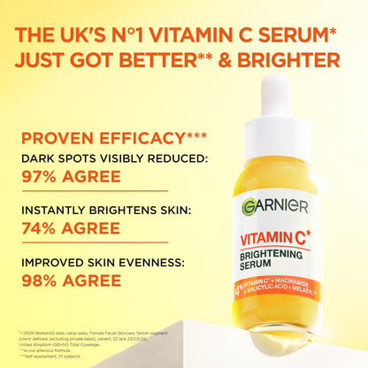 Garnier Vitamin C Serum for Face, Brightening Serum with 4% [Vitamin C + Niacinamide + Salicylic Acid], Dark Spot Reducer & Evens Skin Tone, Suitable for Sensitive Skin, 30ml